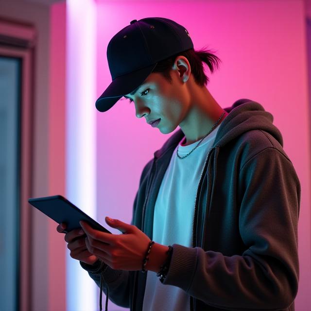 Uomo stiloso con cappello che legge un documento digitale